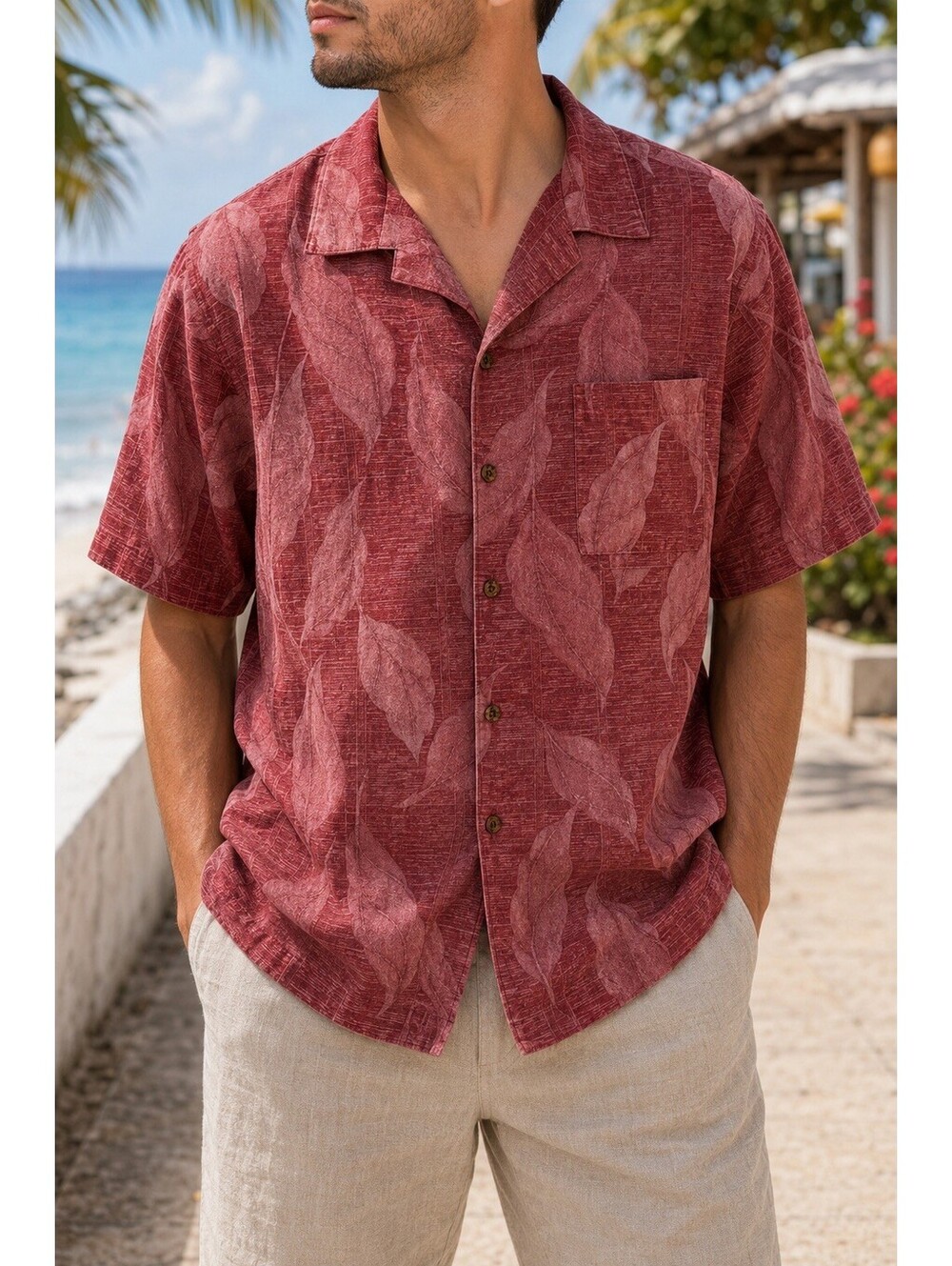 Island Shores Men’s Hawaiian Shirt Red 100% Silk Leaf Print Button Front Size L